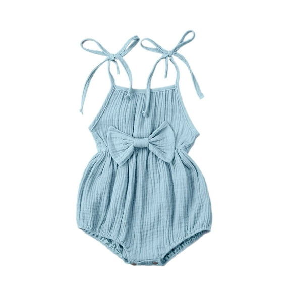 Baby Girls Summer Bodysuit, Solid-Color Tied Spaghetti Strap Sleeveless Romper