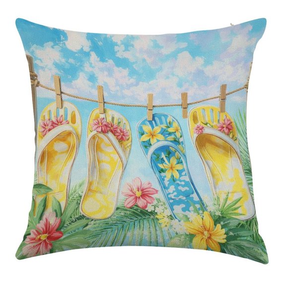 YILUYINQING Summer Floral Flip-Flops Throw Pillow Covers, Waterproof Pillow Covers, Square Linen House Decor Cushion Covers for Home Sofa Bed Couch,