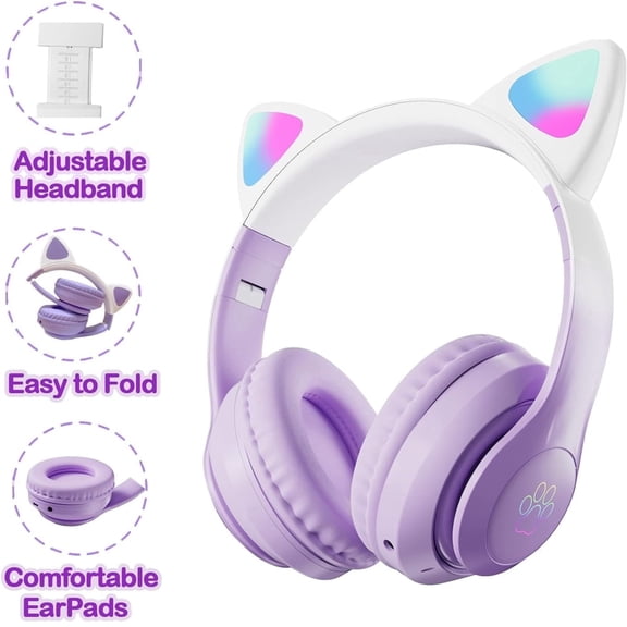 Kids Headphones for Girls Boys, Foldable Cat Ear Wireless Headphones, LED Light up Bluetooth over Ear Headphones w/Microphone for Boy Girl Teen Children Birthday Gift