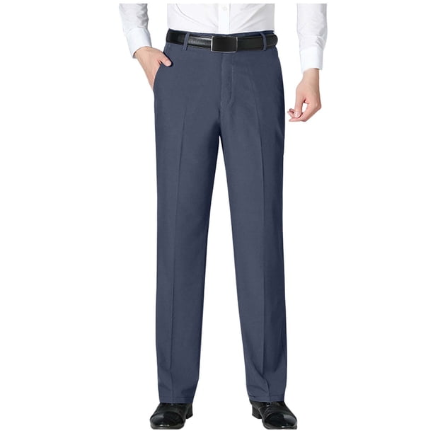 Pantalones largos para hombre, color liso, con cremallera, botones, pierna recta, pierna ancha, pantalones de traje casuales, pantalones de poliéster para hombre