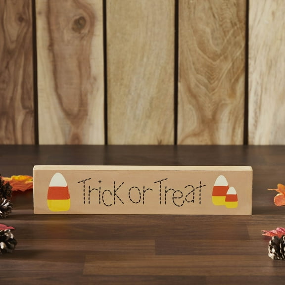 VHC Brands Trick Or Treat Candy Corn MDF Sign 2.75x13x1, Holiday Decoration for Tabletop, Table Decor for Halloween