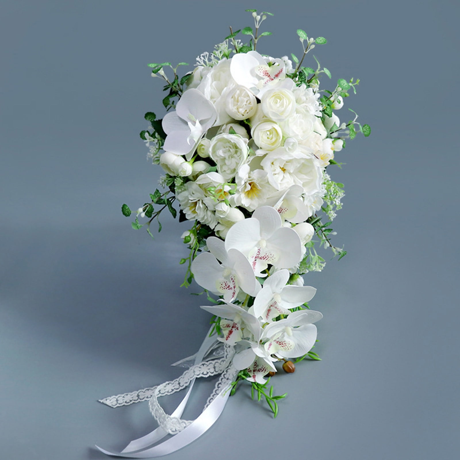 HESITONE Wedding Cascading Bridal Bouquet Artificial for Butterfly Orchid Water Drop Style Waterfalls Bridesmaid Holding Flower D