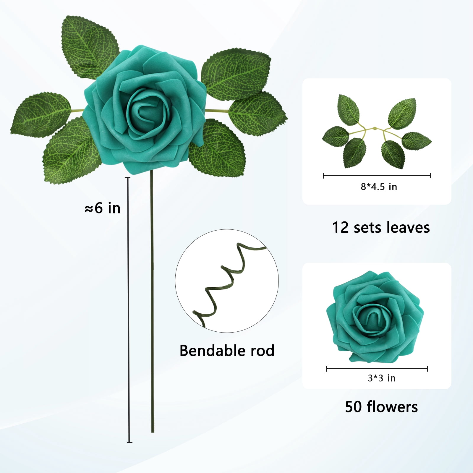 50 PCS Dark Turquoise Artificial Flowers Real Looking Faux Foam Fake Roses with Stems for Wedding Decoration Bridal Shower Centerpieces Arrangements Party Tables Decor