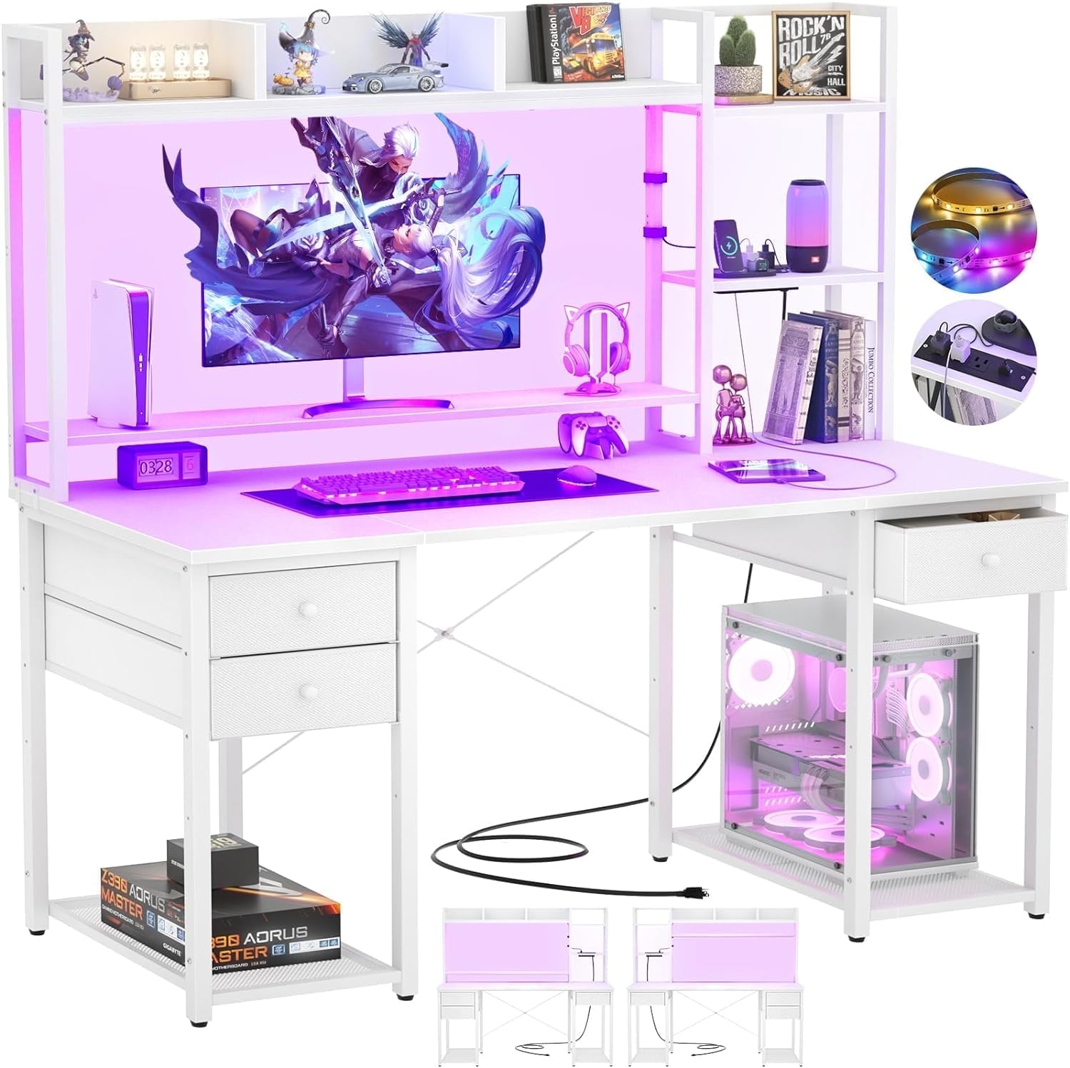 iSunirm Desk with LED Light and Power Outlet, 47.2'' Gaming Desk with Hutch, Reversible Computer Desk with Drawers, and Storage Bookshelf, Large Workstation Desk, for Home & Office, White
