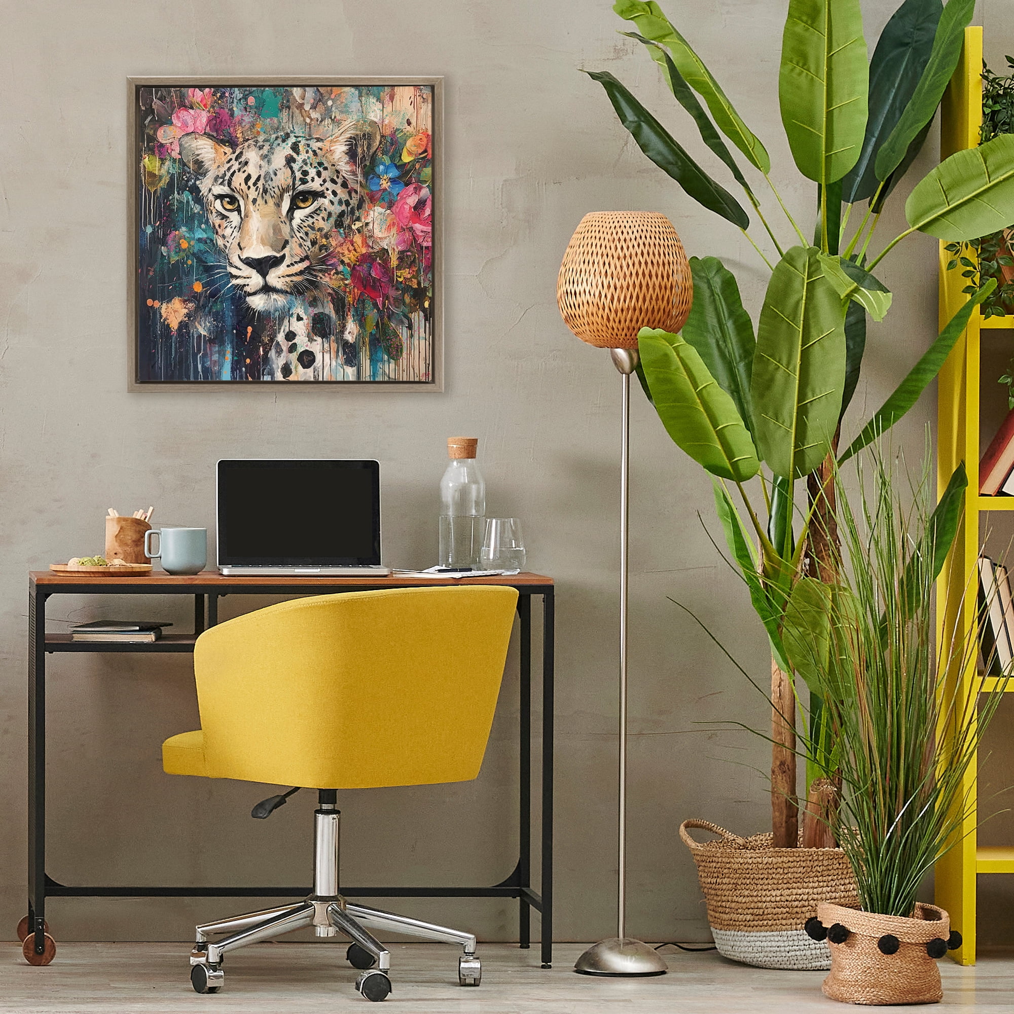 Stupell Industries Cheetah & Exotic Blooms Brown Framed Floater Canvas Wall Art, design by Marta Wiley