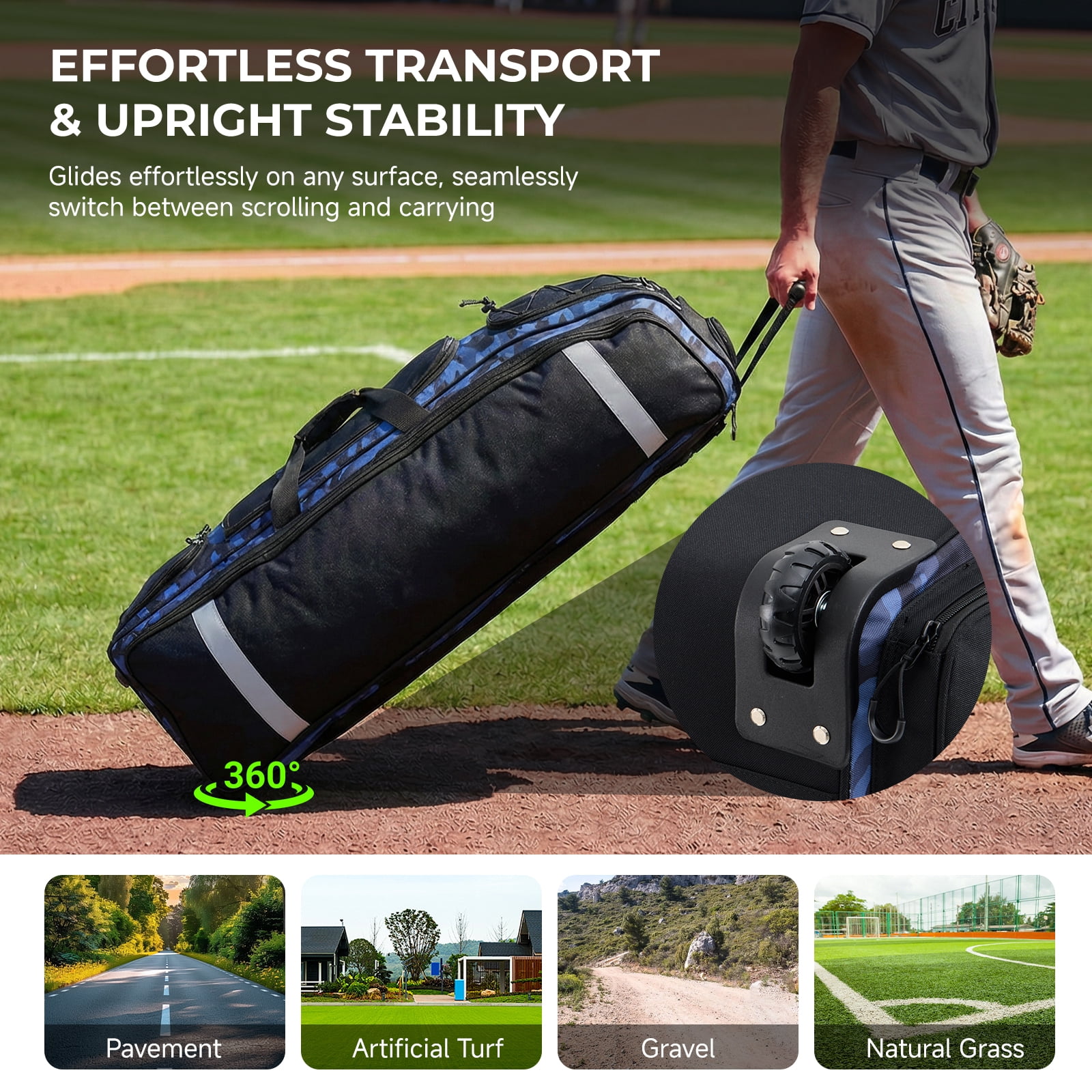 Fegat Rolling Baseball Bag, 100L Large Catcher Gear Bag Softball Bags with Wheels, Youth Equipment Bag Holds 8 Bats, Full Set, with Fence Hooks, Reflective Strip, Shoe Compartment