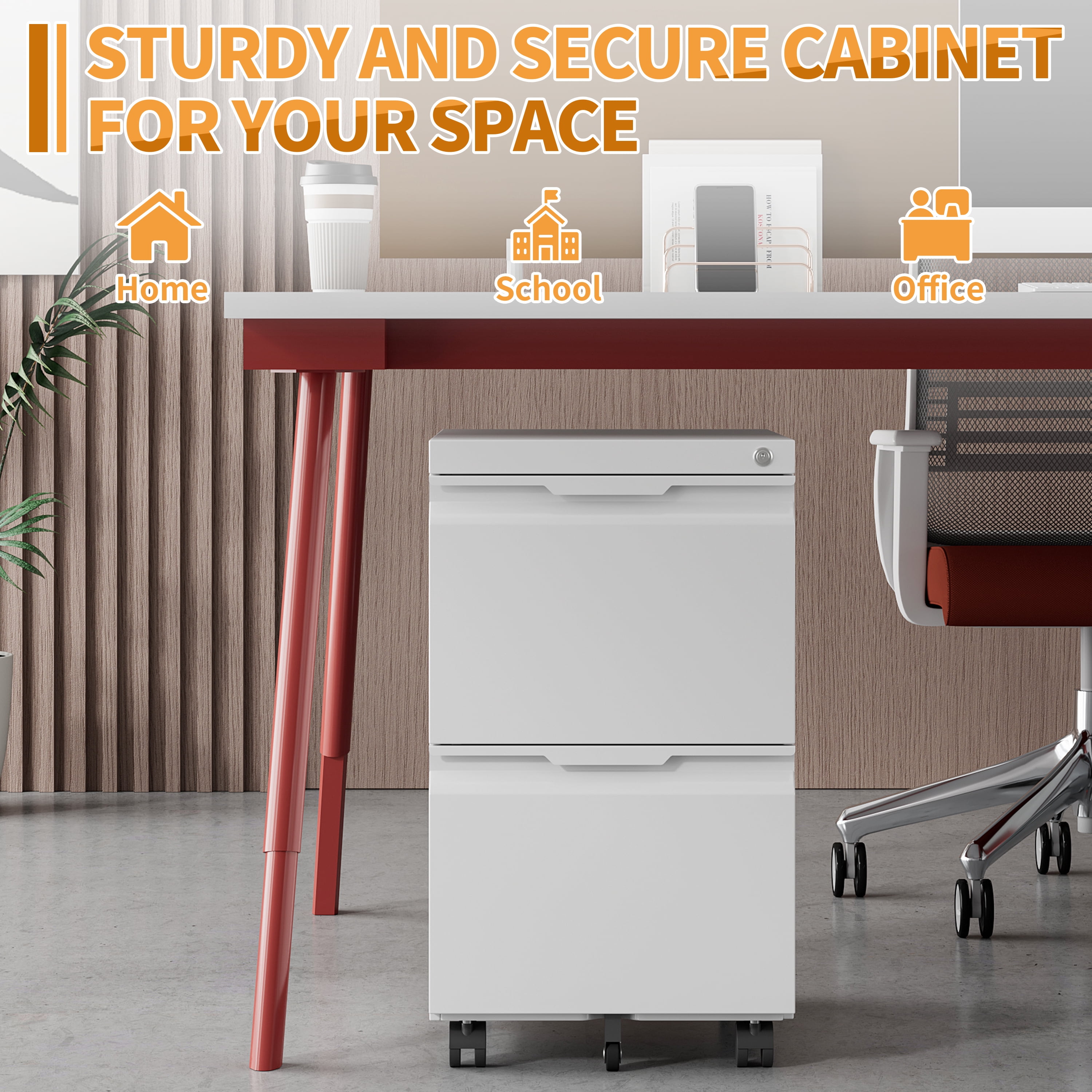 2 Drawer File Cabinet with Lock, Small Metal Filing Cabinets for Home Office, Rolling File Cabinet for Folders, Under Desk Cabinet on Wheels for Legal/Letter/A4 Files, Assembly Required (White)
