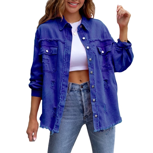 SUNSIOM Women's Ripped Distressed Denim Jacket Long Sleeve Button Down Boyfriend Jean Coat Trucker Jacket