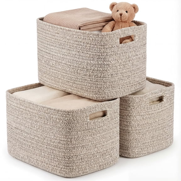 XUEYU 3 Pack Woven Baskets, 11"x11"x9" Cotton Rope Baskets, 18L Blanket Baskets for Storage, Cube Bin Square Shelves Organizer, Toy Basket or Storage Bins for Living Room, Baby Nursery(Oatmeal Brown)
