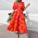 thumbnail image 5 of Puntoco Vestido De Manga Corta Con Cuello En V, Estampado Floral Informal Para Mujer, Manga Abullonada, Lazo Fruncido, Sin Espalda, En Capas, Naranja Xl, 5 of 9