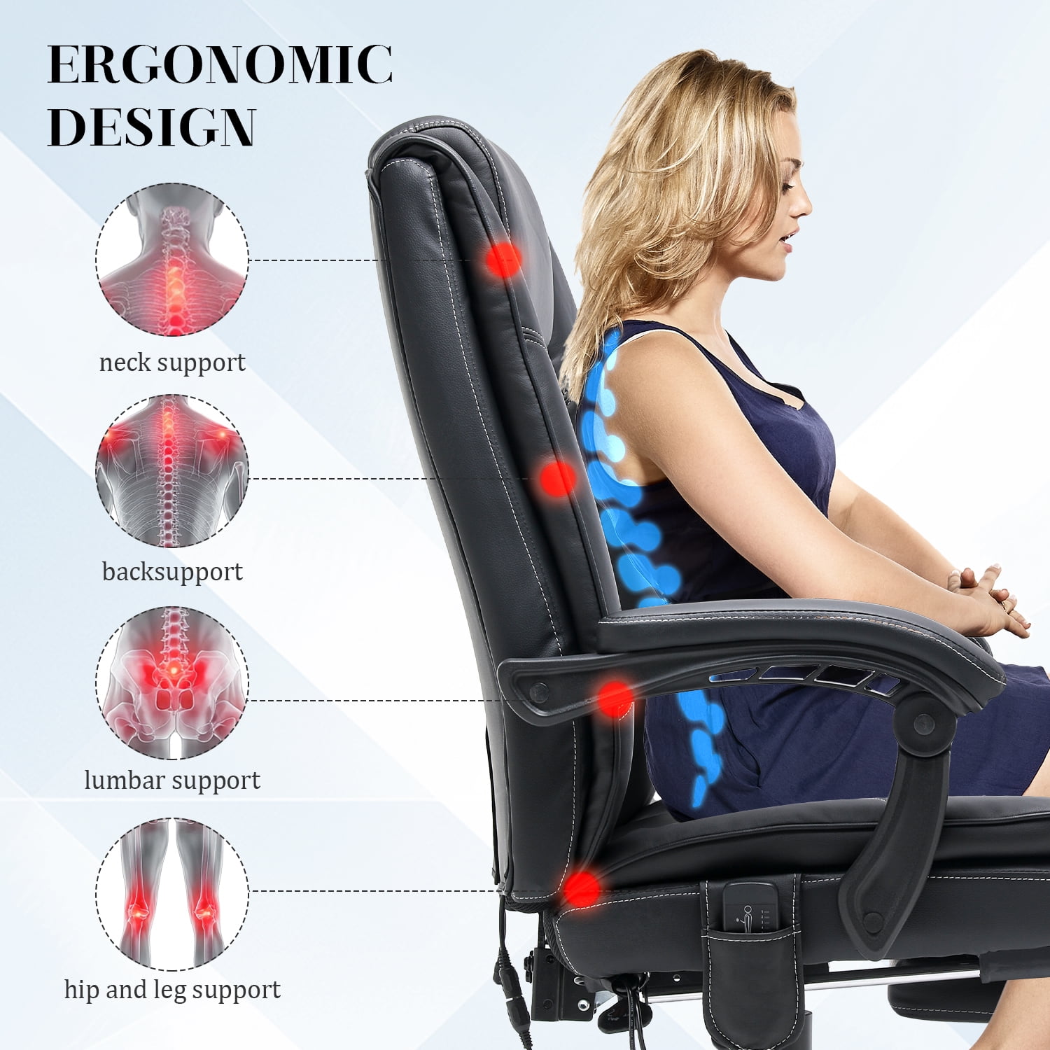 Homrest Ergonomic Indoor Massage Heated PU Leather Office Chair, Black