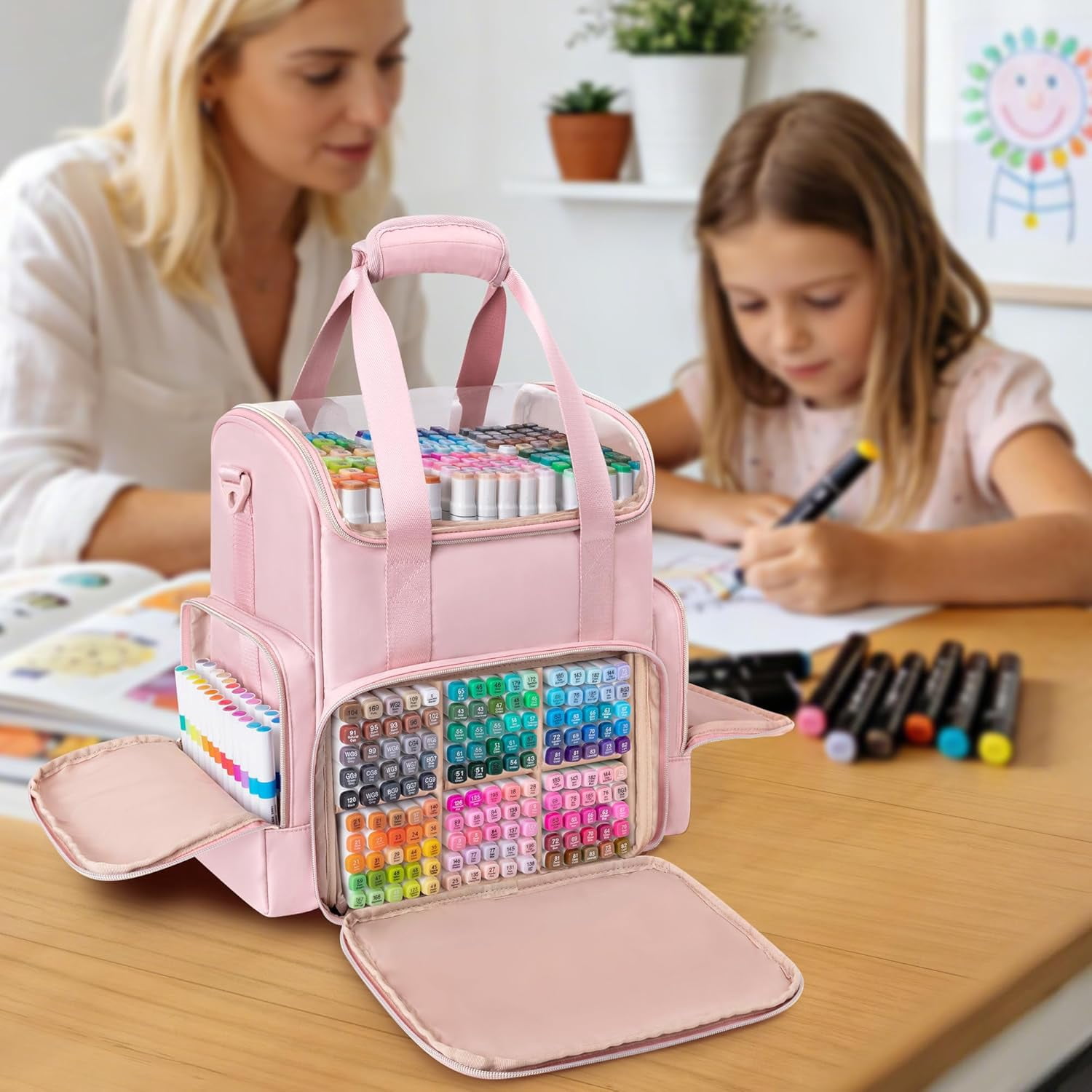 Double Layer Marker Organizer Bag for 400 Markers with Dividers and Pockets, Large Art Storage  for Coloring Supplies, Pink