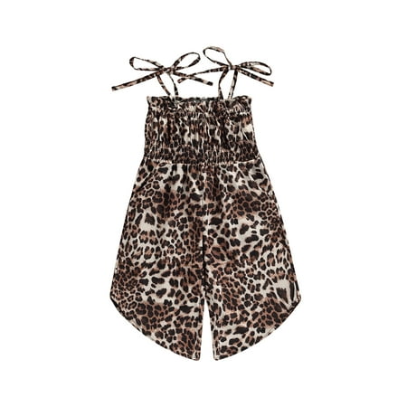 

Suanret Toddlers Girls Jumpsuit Leopard Floral Print Pleated Double Sides Tie Suspender Summer Princess Bodysuit Leopard 5-6 Years