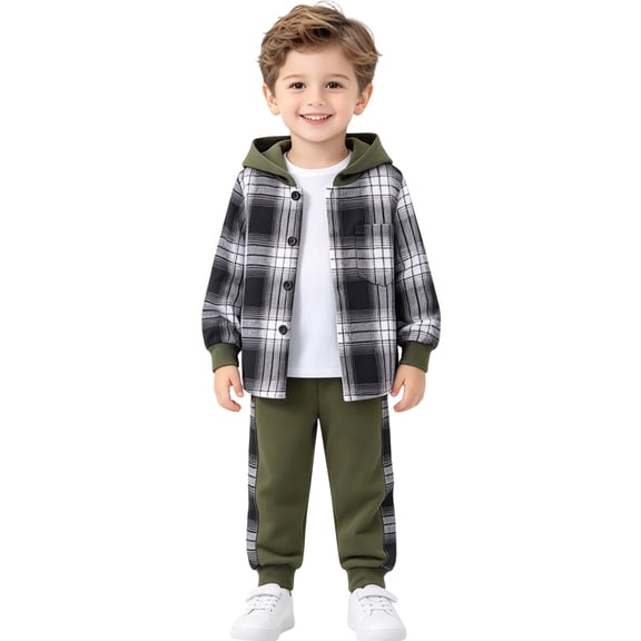 Boys 2 Piece Hooded Plaid Outfit Set, Long Sleeve Button Shirt and Striped Jogger Pants for Kids 3-7 T