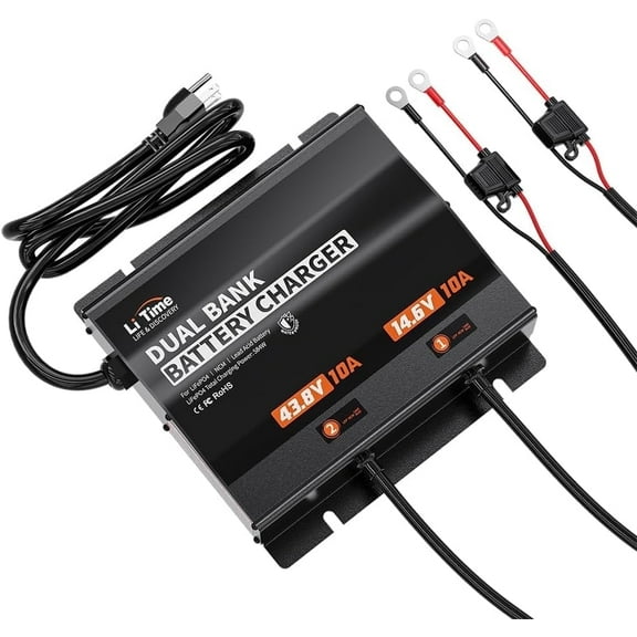 LiTime 2-Bank（43.8V 10A&14.6V 10A）Lithium Battery Charger for 36V(38.4)/12V(12.8) LiFePO4 Battery, AC-DC Smart Charger with IP65 Waterproof