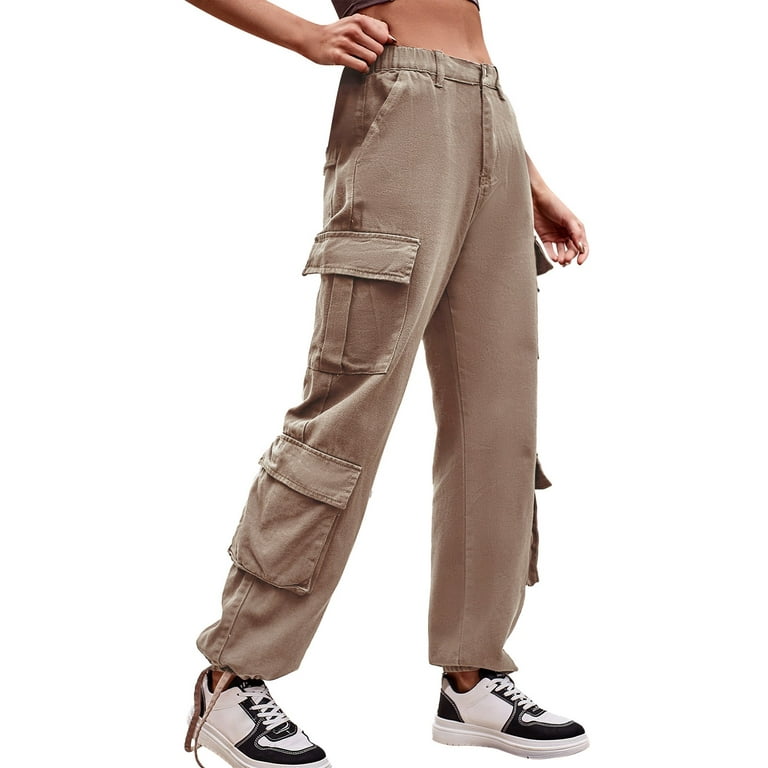 Daznico Women Solid Cargo Pants Drawstring Elastic High Waist Ruched Baggy  Cargo Pants Multiple Pockets Jogger Pant Pants for Women Khaki XL
