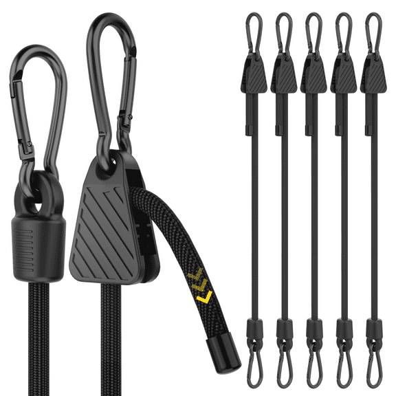 Adjustable Bungee Cords with Hooks, 6 Pack Heavy Duty Outdoor Carabiner Bungee Cord, Black Super Elastic Bungee Straps Easily Adjust from 7" to 48", Great for Cargo, Camping, Bike Racks, Tents