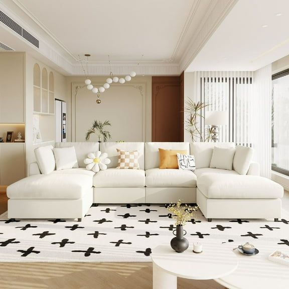 130" Modern U-Shaped Sectional Sofa with 2 Movable Ottomans, Upholstered 3 Seater Comfy Chenille Fabric Modular Sectional Couches, Fluffy Sofa Couch Set for Living Room, Home Theater, Beige