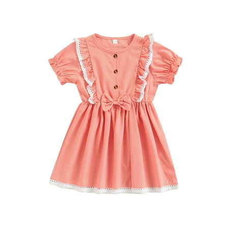 

Suanret Casual Little Girl One Piece Dress Summer Toddlers Puff Short Sleeve Bow Knot Waist Round Neck Buttoned Skirt Pink 2-3 Years