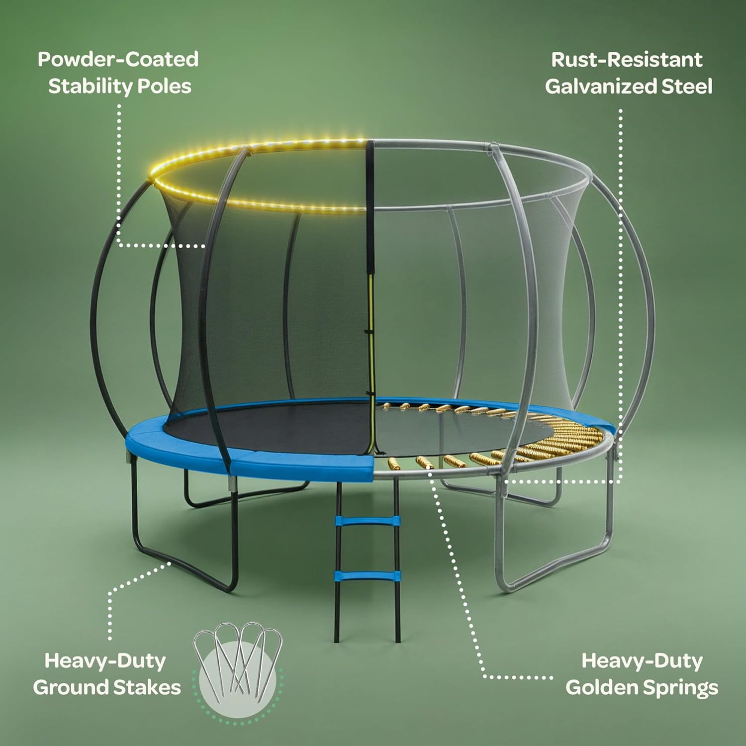 JoyBerri Outdoor Trampoline with Safety Enclosure, Ladder, LED Lights & Sprinkler – ASTM Certified, Rust-Resistant Steel Frame – Sizes 15F - Blue