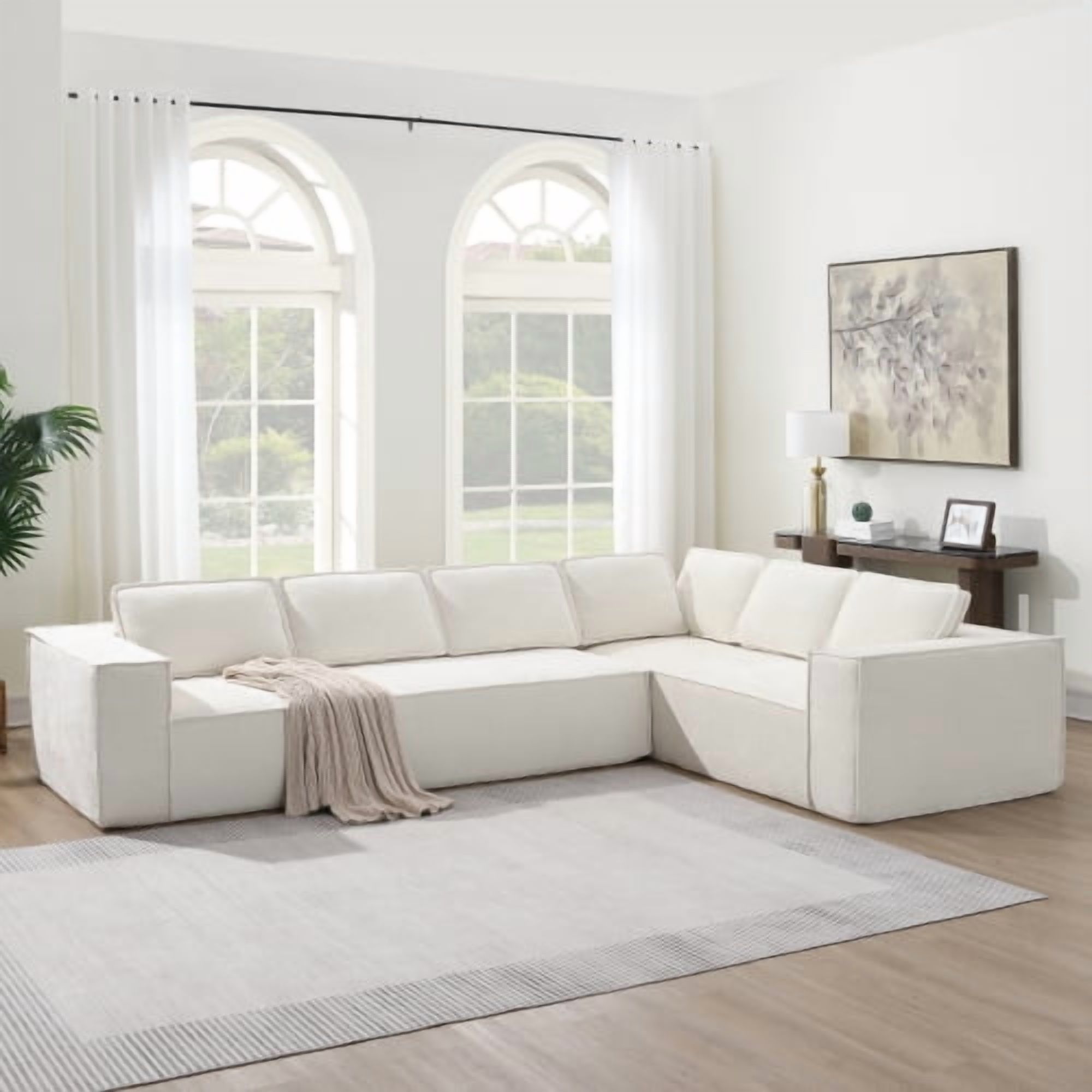 EPOWP Modular Sectional Sofa, 129.5" 6-Seat L-Shaped Cloud Couch Set with Chaise, Wrinkle-Resistant Chenille Boneless Sofa, 2-Piece Free Combination for Living Room, No Assembly Required,Beige