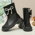 thumbnail image 6 of SZJXBUY Kids Boots Winter Mid-Calf Pearl Bow Combat Boot Fashion Faux Leather Back Zipper Low Heel Riding Shoes Black,7 Years, 6 of 7