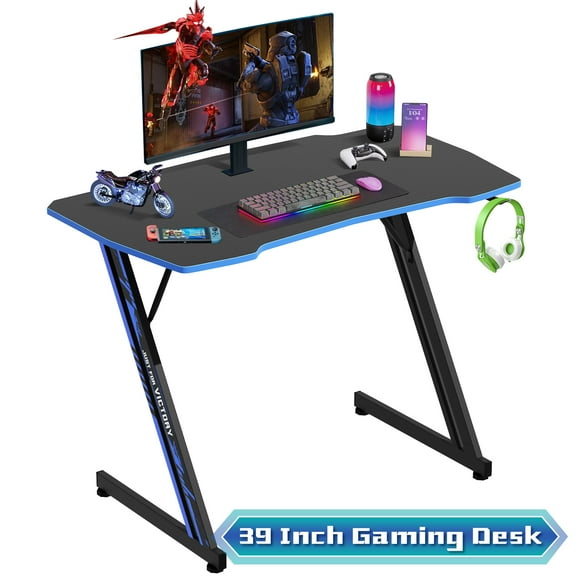 39"L Gaming Desk Z-Shaped Carbon Fiber Surface PC Gamer Table with  Headphone Hook, Computer Desk Gamer Desk Office Desk for Adults&Teen （Blue）