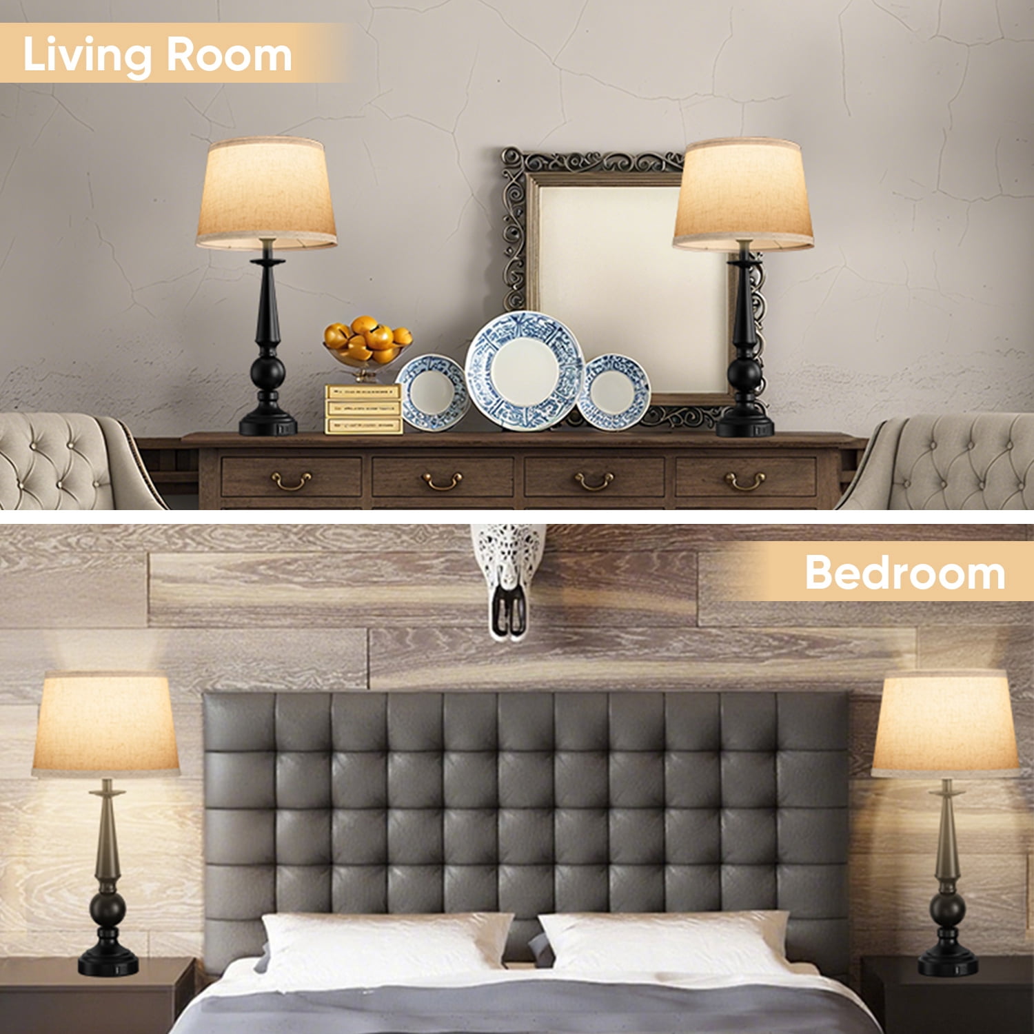 Walchoice Table Lamp Set of 2, Farmhouse Traditional Bedside Lamps with 2 USB Charging Ports, Dimmable Touch Nightstand Lamps for Bedroom Living Room, Rustic Metal Base & Fabric Linen Shade