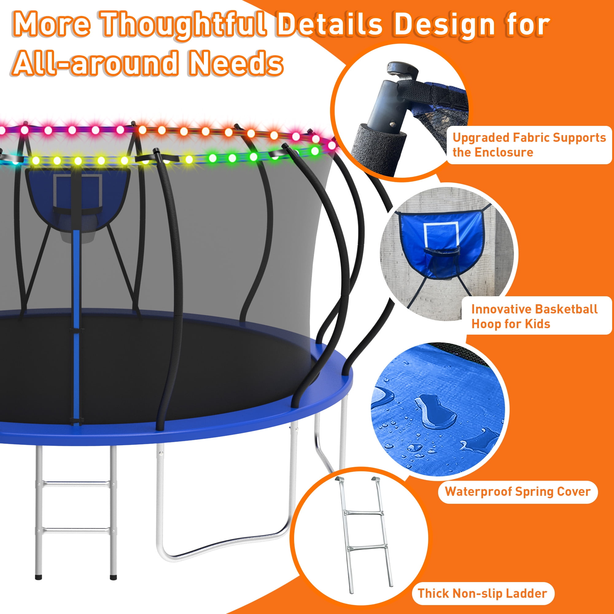 WOWLAND Trampoline 16FT for Kids and Adults with Lights, 1500LBS Heavy Duty Trampoline Outdoor with Enclosure Net and Basketball Hoop, Recreational Backyard Trampoline, Easy Assembly, Birthday Gift