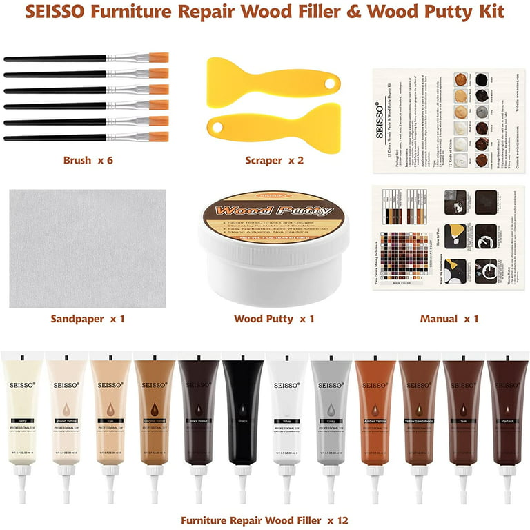  SEISSO Furniture Repair Kit-12 Colors Wood Makers Touch Up &  Wood Fillers for Scratches, Stains, Hardwood Wooden Floors Desks Tables  Bedposts and Cover Ups, Professional Wood Repair Tools (Set of 28) 