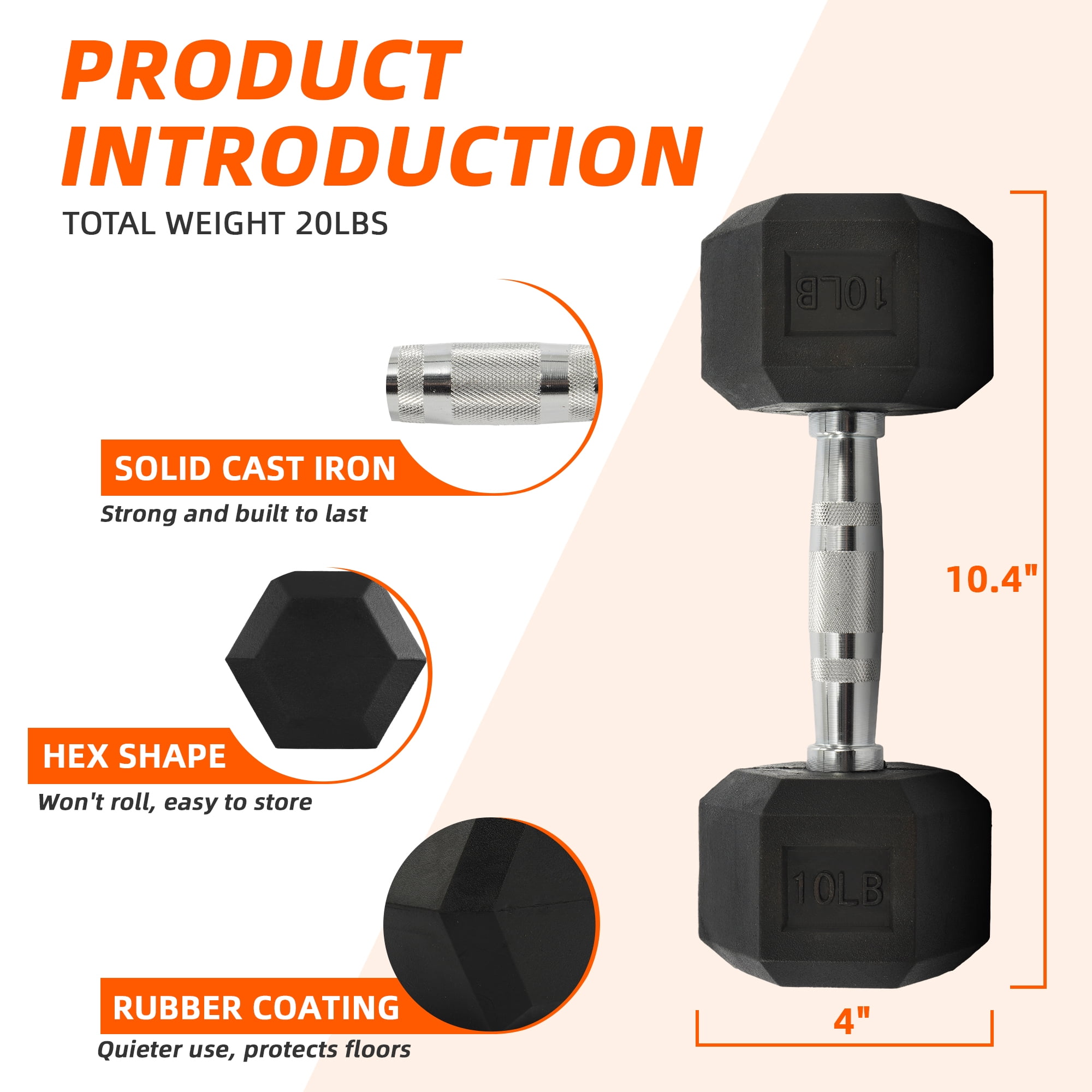 FlexWave Rubber Encased Hex Dumbbell – 10-50 lb, Black, Durable Non-Slip Weights for Home & Gym Workouts