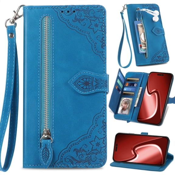 for Samsung Galaxy S26Ultra Matte Nubuck Leather Phone Case Zipper Wallet Folio Flip Cover Kickstand, 2-Layer Card Slot Cash Holder Photo Frame, Embossed Floral Magnetic Clasp, Wrist Strap