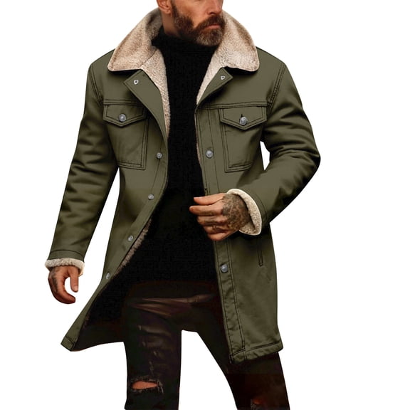 Hogleaql Mens Vintage Outerwear, Patchwork Pocket Plush Reversed Collar Western Jackets Retro Suede Warm Long Sleeve Jacket Multi-Pocket Zip Up Loose Fit Winter Coat Army Green M