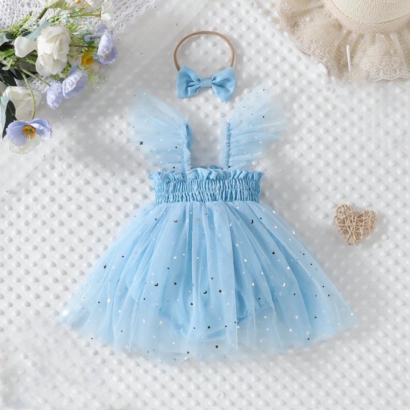 Riecok Baby Girl Summer Princess Romper Dress Headband Set Flutter Sleeve Sequin Smocked Ruffles 0-18 Months Blue 3 M
