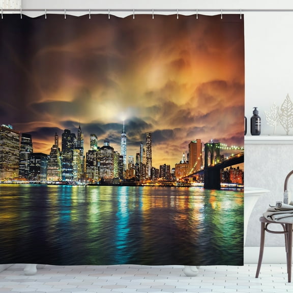 Ambesonne City Shower Curtain, Fantasy Sky NYC Sunset, 69"Wx70"L, Multicolor