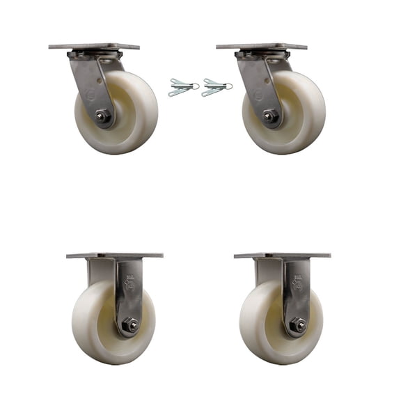 5 Inch 316 Stainless Steel Nylon Caster Set w/Roller Bearing 2 Swvl Lock 2 Rigid