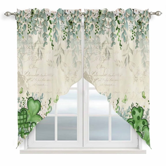 St. Patrick's Swag Valances for Windows, Kitchen Window Curtains Over Sink, Luck Shamrock Eucalyptus Leaves Flowers Vintage Window Treatment Curtains for Living Room/Bedroom 2 Panel Sets 36"x45"