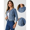 thumbnail image 2 of DARING DIVA Women's Denim Crop Round Neck Button Down Frayed Jean Jacket S Grey Blue, 2 of 6