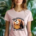 thumbnail image 5 of Nightmare on My Street Shirt | Spooky Castle Pumpkin Graphic Tee | Unisex Fall T-Shirt, Azalea, Size S, 5 of 6