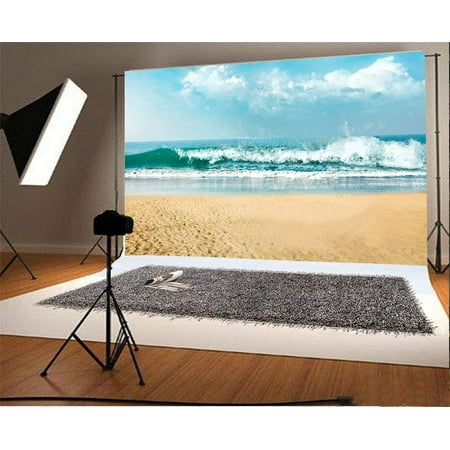 Image of ABPHOTO 7x5ft Photography Backdrop Beach Seaside Waves Blue Sky White Cloud Nature Romantic Photo Background Backdrops