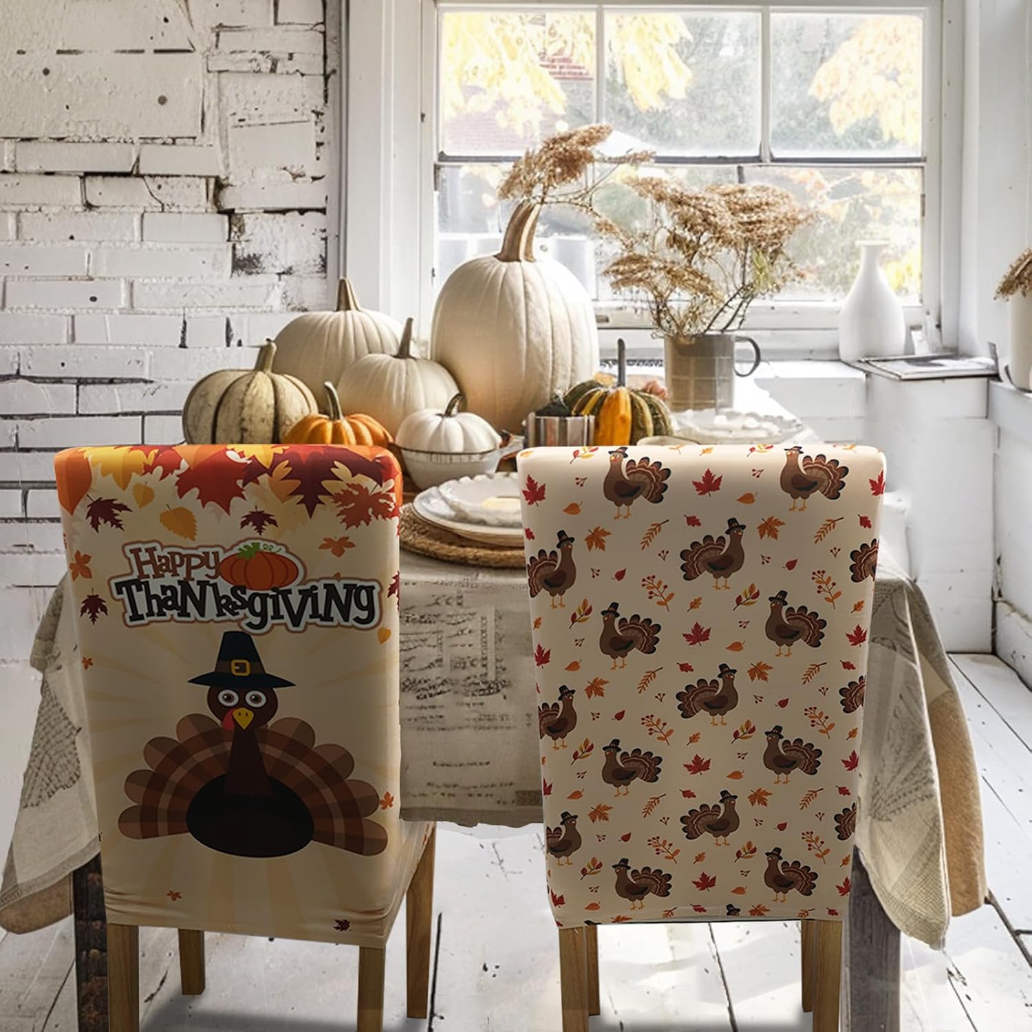Set Of 4 Fall Thanksgiving Chair Covers - Pumpkin & Turkey Design Elastic Slipcovers For Dining Chairs