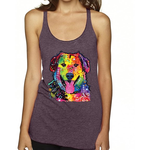 Smiling Dog | Colorful Neon Golden Retreiver | Dean Russo Art Animal Lover Tri-Blend Racerback Tank Top, Purple Vintage, X-Large