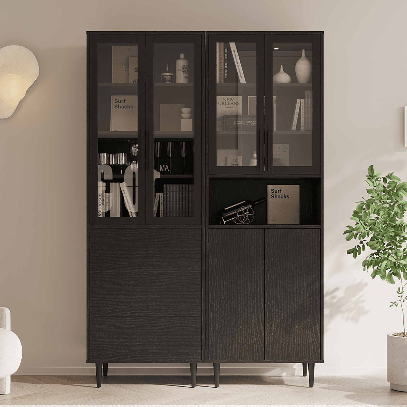 RichYa 71"H Tall Bookcase with Glass Door,4 Doors Display Bookshelf with Metal Legs,6 Tier Storage Cabinets for Living Room,Home Office,Black