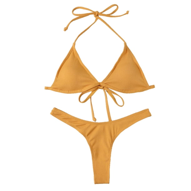 Qarigey 2 piezas Color sólido Tankini Traje de baño Sujetador acolchado Panty Traje de baño Traje de baño Ropa interior Amarillo S Qarigey AP010457-04