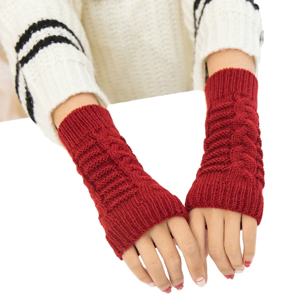 Women's Winter Warm Thumb Hole Crochet Fingerless Gloves Knitted Wrist