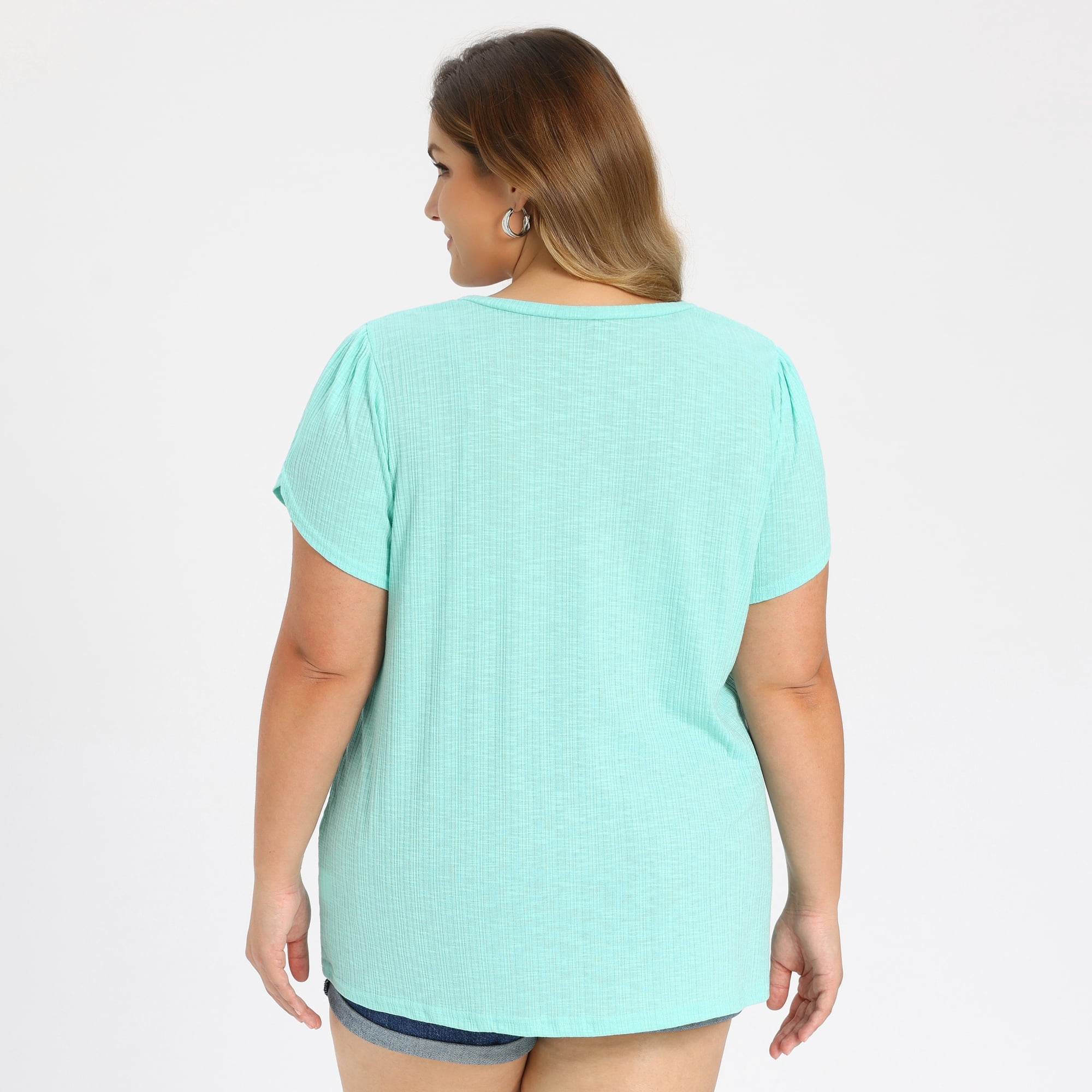 DARING DIVA Women's Plus Tulip Sleeve V Neck T Shirts Basic Blouses 2X Mint Green