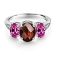 thumbnail image 2 of Gem Stone King 10K White Gold Red Garnet Pink Created Sapphire and White Lab Grown Diamond 3 Stone Engagement Ring for Women (2.58 Cttw, Gemstone Birthstone, Available in Size 5, 6, 7, 8, 9), 2 of 5