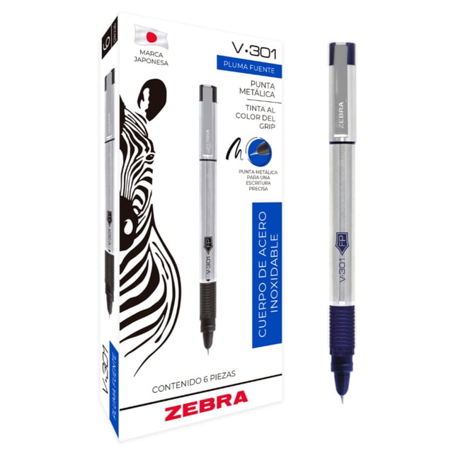 Zebra Pluma Fuente V-301 Tinta Líquida Acero inoxidable Caja con 6 Piezas Color azul