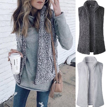 - Women Zip up Faux Fur Fleece Shearling Sherpa Vest Coat Winter Warm Jacket