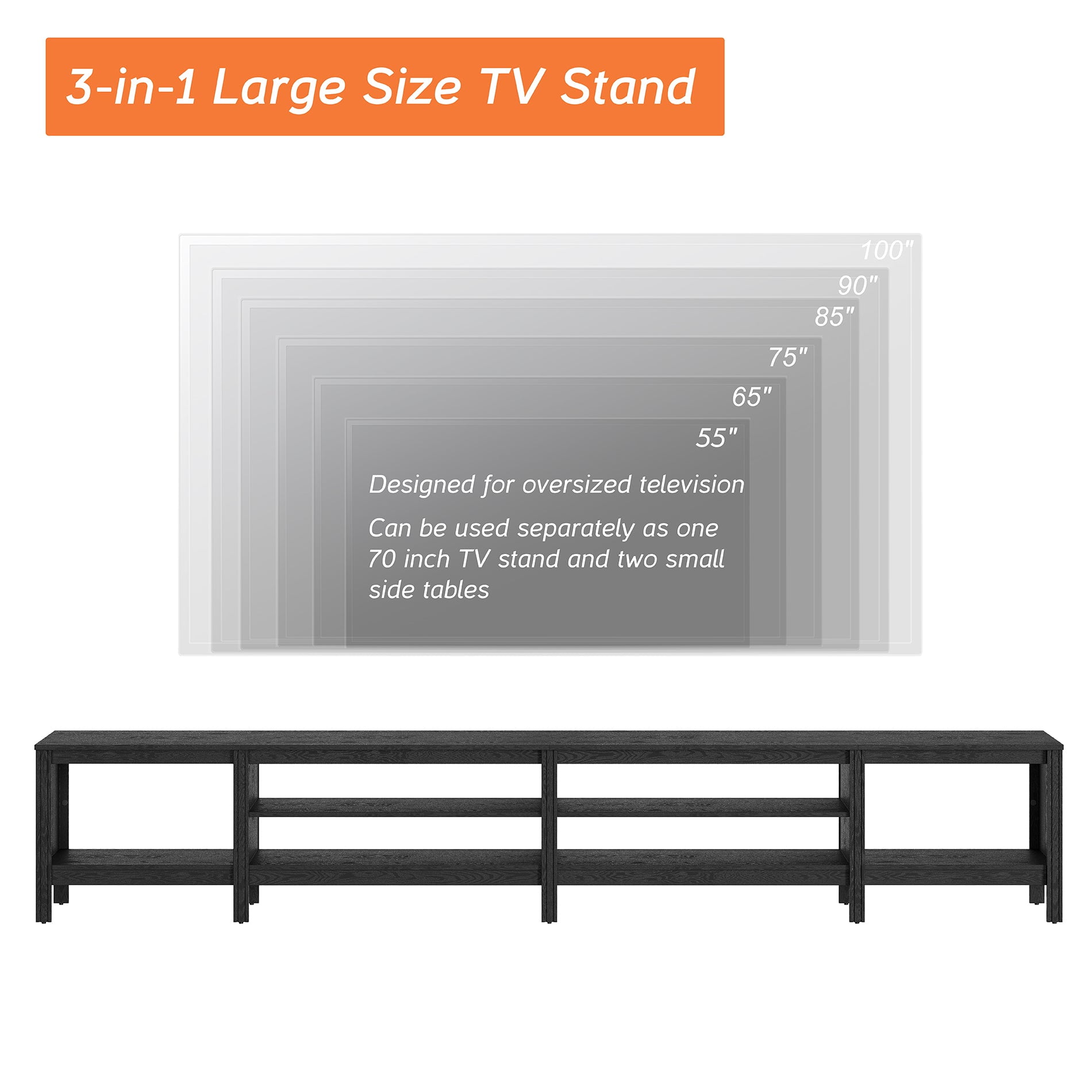 Fitueyes 118" Wood TV Stand for 85-100" TVs, Media Console Table with Open Shelves for Living Room Bedroom, black